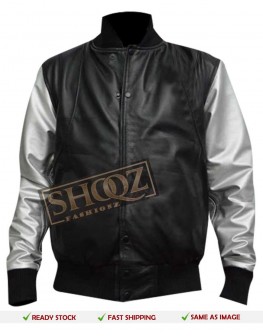 Silver Sleeves Bomber Black Leather Jacket